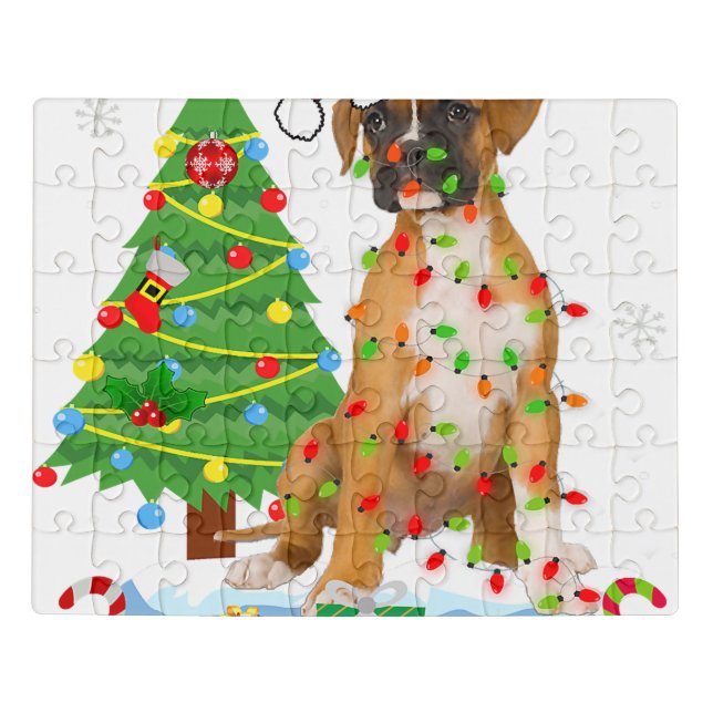 Christmas Boxer Dog Tree Light Santa Hat Xmas Gift Jigsaw Puzzle (Puzzle Horizontal)