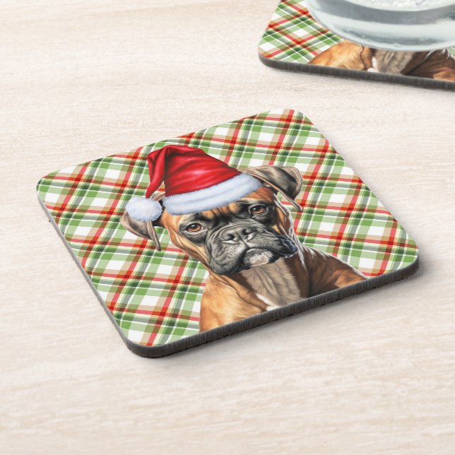 Christmas Boxer Dog with Green Red Plaid Holiday Beverage Coaster (Left Side)