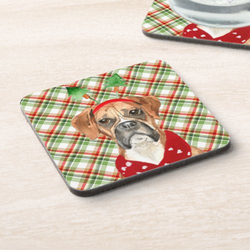 Christmas Boxer Dog with Green Red Plaid Holiday Beverage Coaster