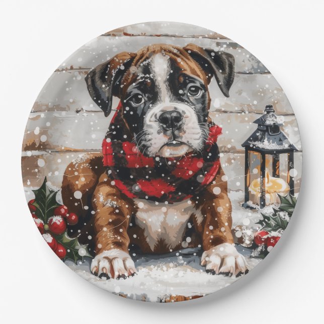 Christmas Boxer Puppy Paper Plates (Front)