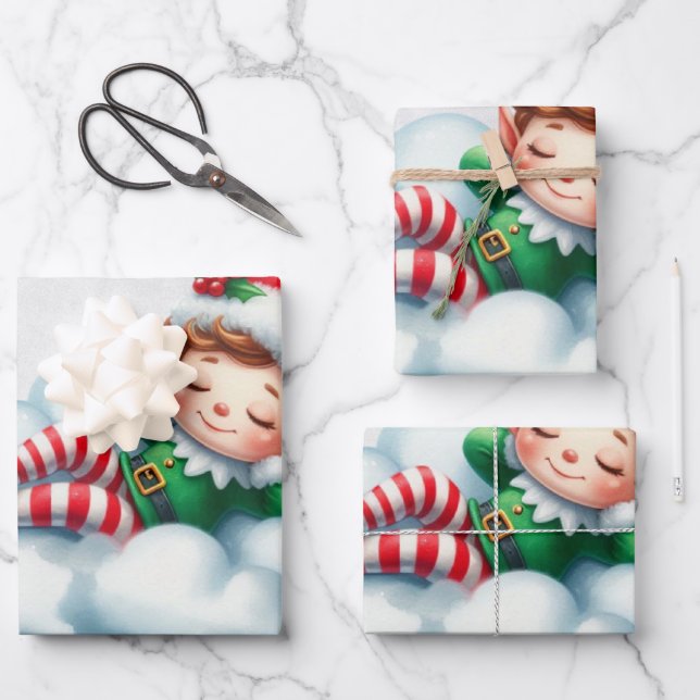 Christmas Boy Elf Sleeping on A Cloud  Wrapping Paper Sheets (Front)