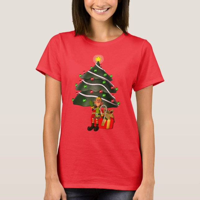 Christmas Boy Elf Tree Present Cute  T-Shirt (Front)