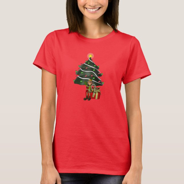 Christmas Boy Elf Tree Present Cute  T-Shirt (Front)