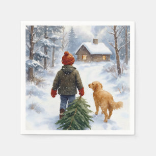 Christmas Boy In Snowflakes With Pine Tree and Dog Napkins