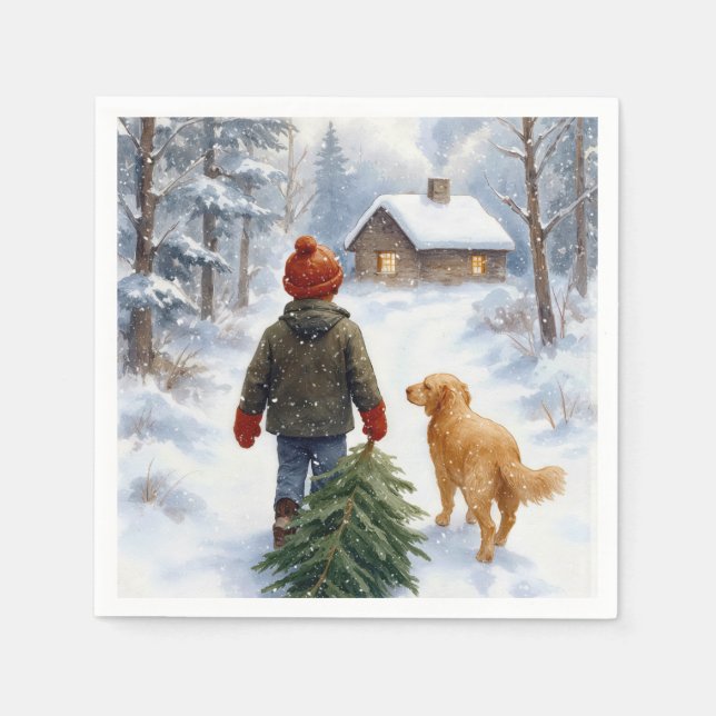 Christmas Boy In Snowflakes With Pine Tree and Dog Napkins (Front)
