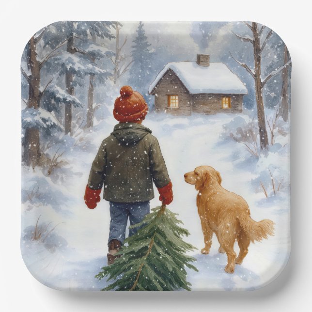 Christmas Boy In Snowflakes With Pine Tree and Dog Paper Plates (Front)