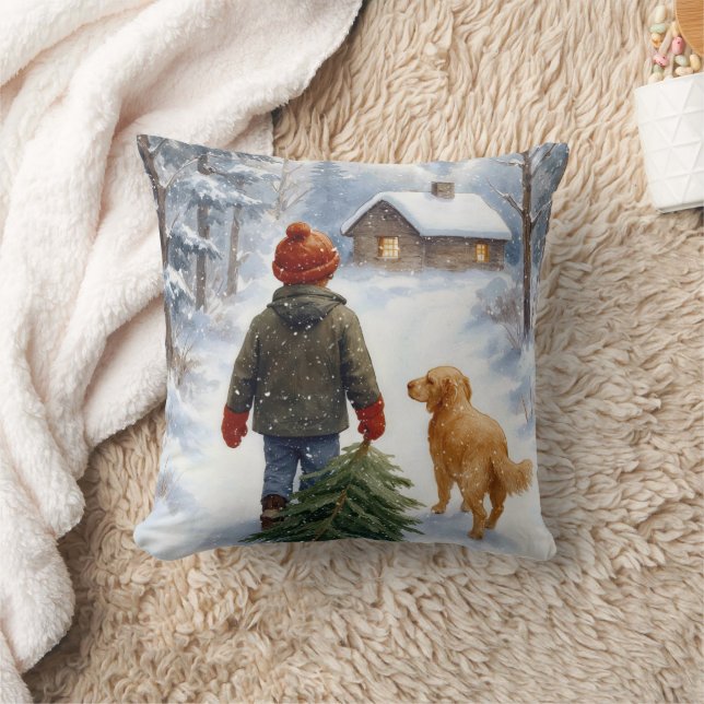 Christmas Boy In Snowflakes With Pine Tree and Dog Throw Pillow (Blanket)