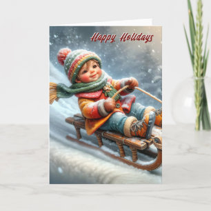 Christmas Boy Sledding Down a Hill Holiday Card