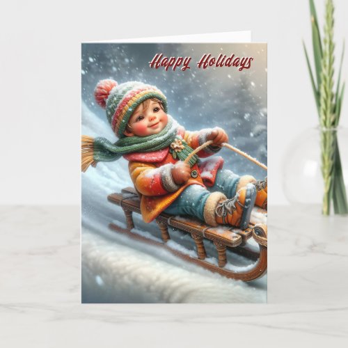 Christmas Boy Sledding Down a Hill Holiday Card