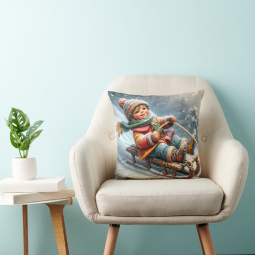 Christmas Boy Sledding Down a Hill Throw Pillow