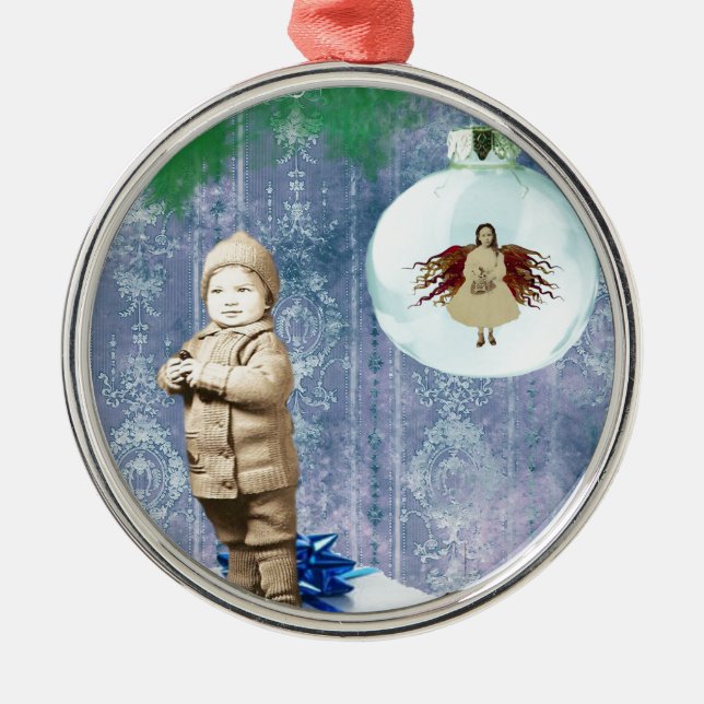 Christmas Boy With His Angel Metal Ornament (Front)