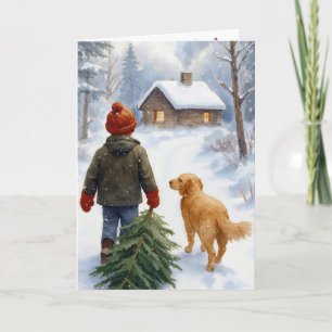 Christmas Boy With Pine Tree and Dog Card