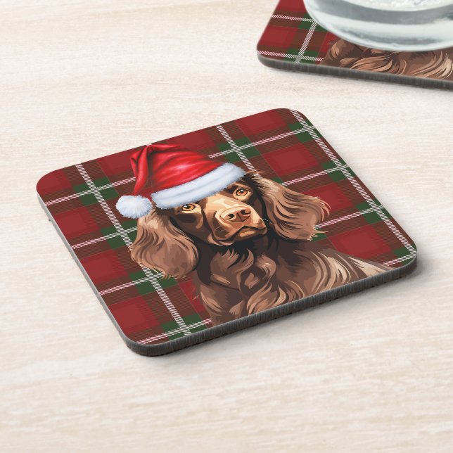 Christmas Boykin Spaniel Dog Red Plaid Holiday Beverage Coaster (Left Side)