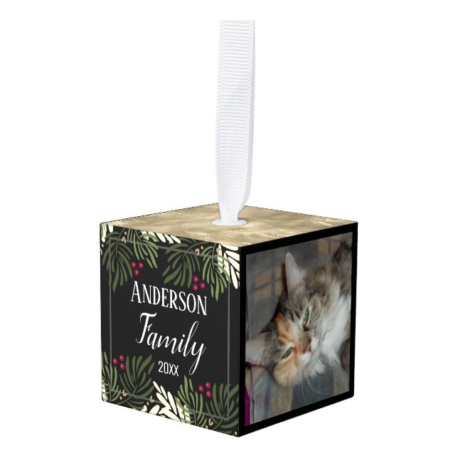 Christmas Branch Photo Family Cube Ornament (Front Angled)