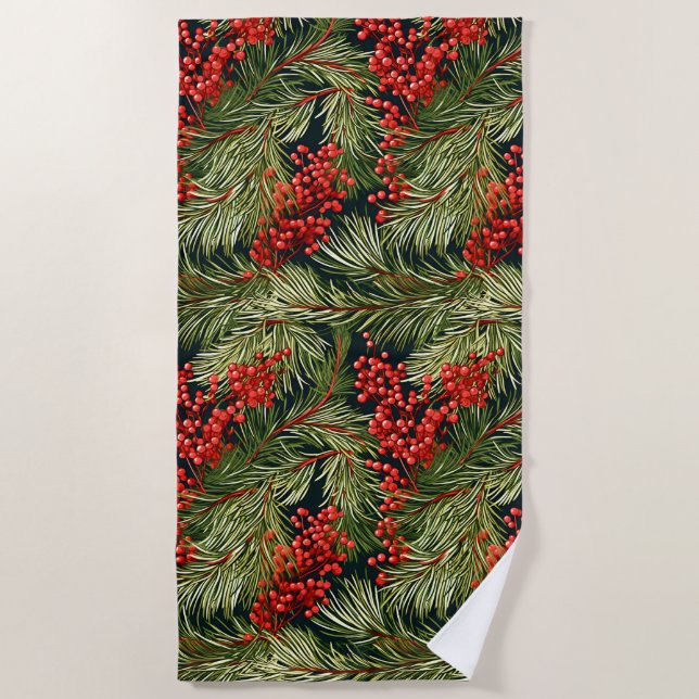 Christmas Branches and Berries Beach Towel (Front)