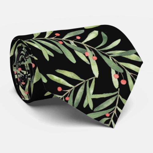 Christmas Branches and Berries on Black Neck Tie