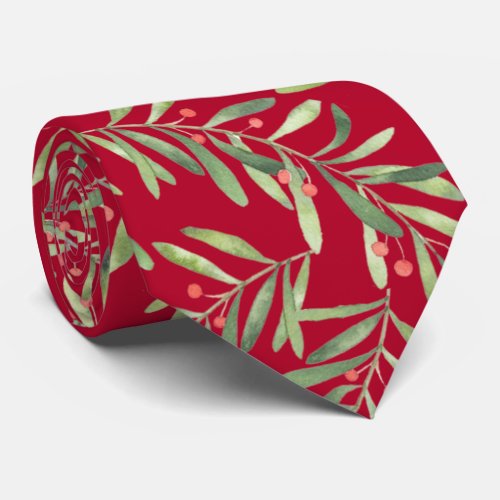 Christmas Branches and Berries on Red Neck Tie