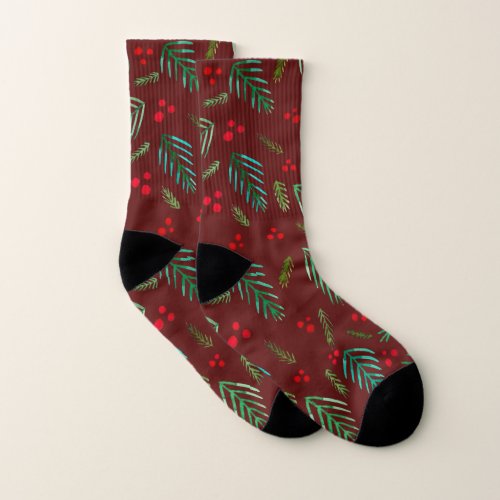 Christmas branches and berries _ red and green socks