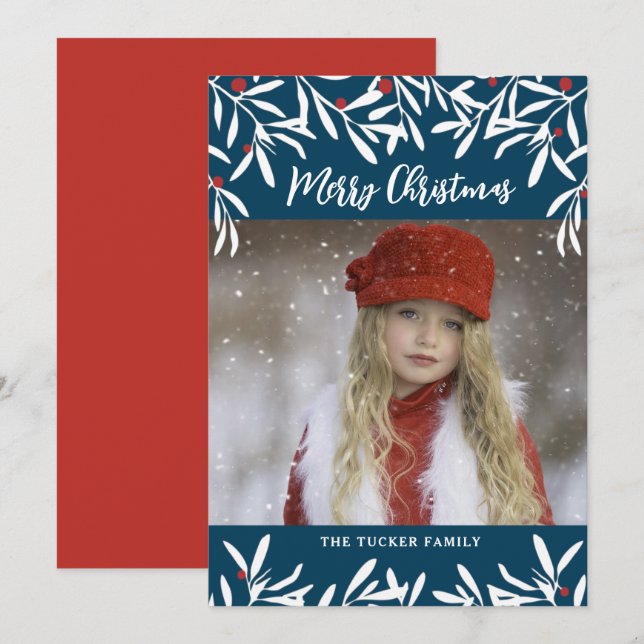 Christmas Branches & Berries Navy Blue Red Photo Holiday Card (Front/Back)
