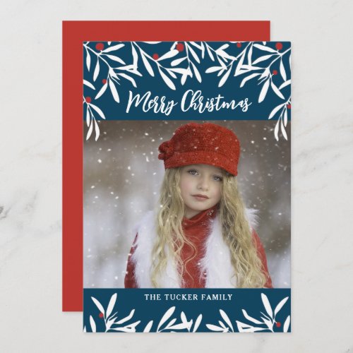 Christmas Branches  Berries Navy Blue Red Photo Holiday Card