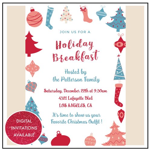 Christmas Breakfast Invitation Cute Pink and Blue