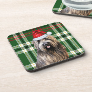 Christmas Briard Shepherd Dog Green Plaid Holiday Beverage Coaster