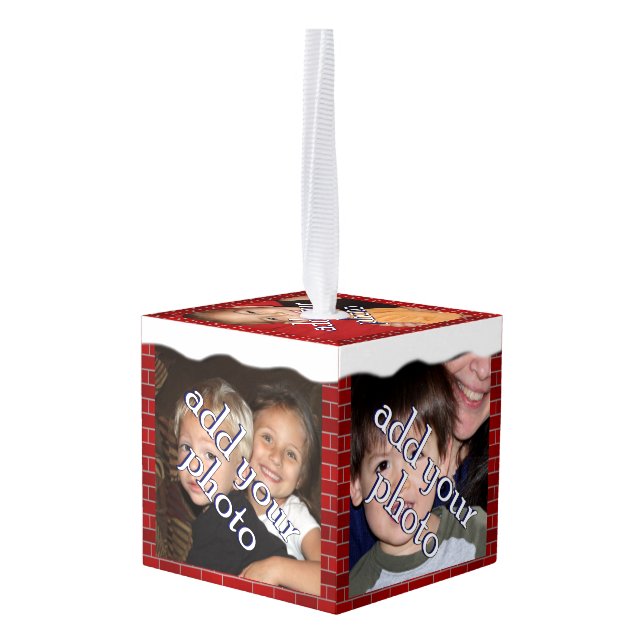 Christmas  Brick and Snow Photo Frame Cube Ornament (Back Angled)