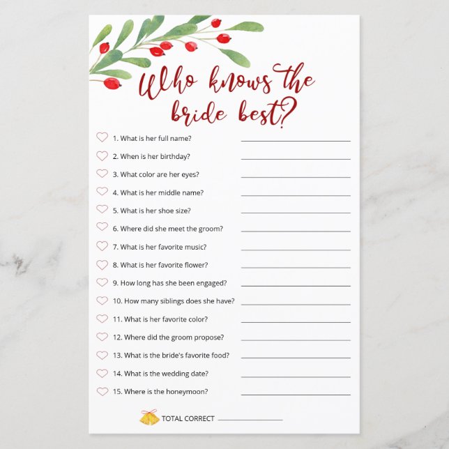 Christmas Bridal Game - Who Know The Bride Best (Front)