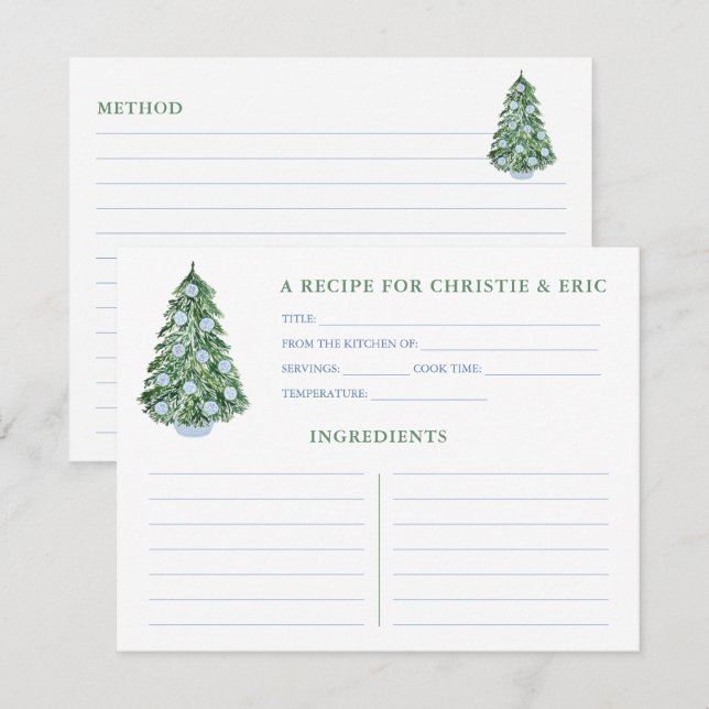 Christmas Bridal Shower Blue And Green Recipe Card (Front/Back)