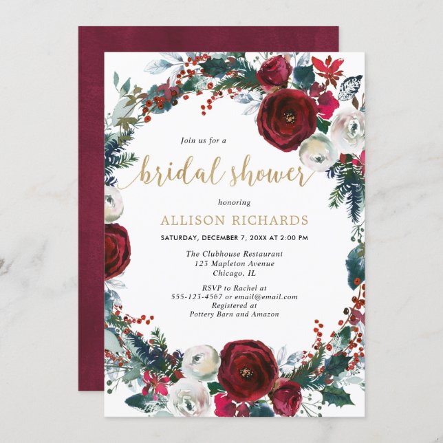 Christmas bridal shower burgundy gold elegant invitation (Front/Back)