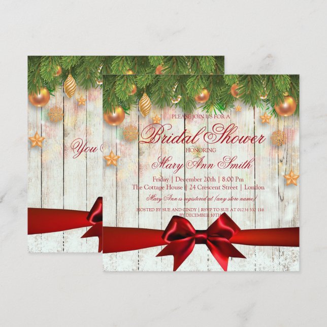 Christmas Bridal Shower Gold Deco & Ribbon Invitation (Front/Back)