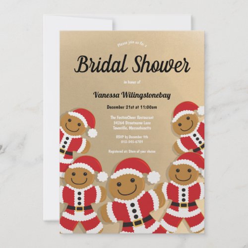 Christmas Bridal Shower Gold Gingerbread Santa Invitation