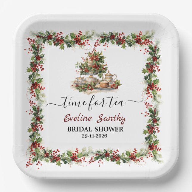 Christmas Bridal Shower holly Tea Time Party  Paper Plates (Front)