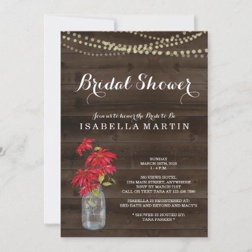 Christmas Bridal Shower Invitation - Poinsettia - Hand painted watercolor poinsettia and mason jar complemented by a rustic wood background, string lights, and beautiful calligraphy.