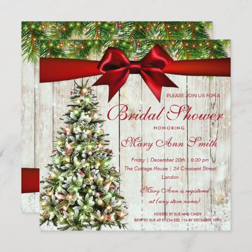 Christmas Bridal Shower Tree Lights  Red Ribbon Invitation