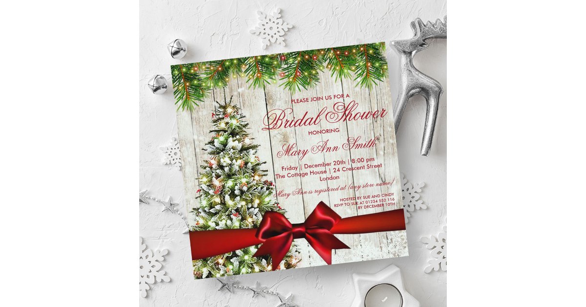 Christmas Bridal Shower Tree, Lights & Red Ribbon Invitation | Zazzle