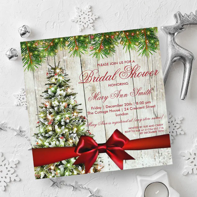 Christmas Bridal Shower Tree, Lights & Red Ribbon Invitation | Zazzle