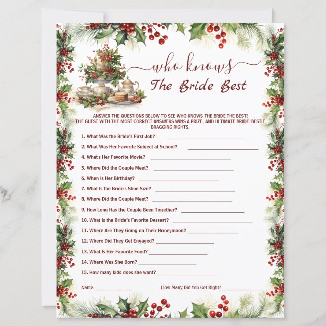 Christmas Bridal Shower who knows the bride Games (Front)