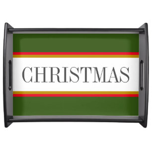 CHRISTMAS Bright Red Forest Green White Stripes Serving Tray
