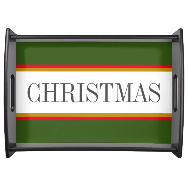 CHRISTMAS Bright Red Forest Green White Stripes Serving Tray (Front)
