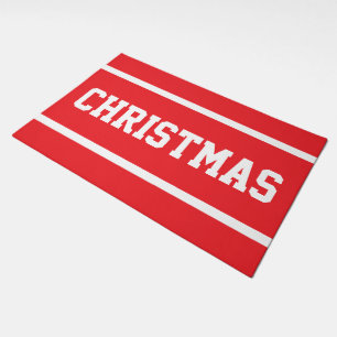 CHRISTMAS Bright Sporty Red White Text Stripes Doormat