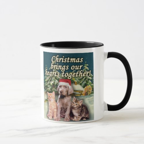 Christmas Brings Our Hearts Together Puppy Kitten Mug