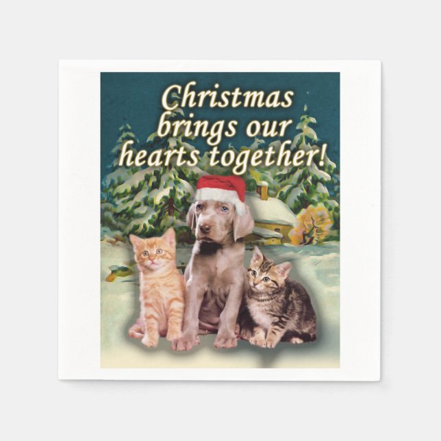 Christmas Brings Our Hearts Together Puppy Kitten Paper Napkins (Front)