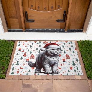 Christmas British shorthair Cat, Xmas Santa Kitten Doormat