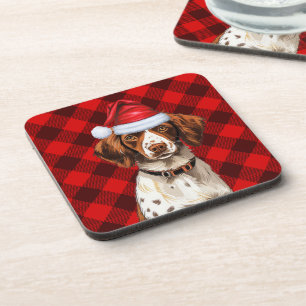 Christmas Brittany Spaniel Dog Red Plaid Holiday Beverage Coaster
