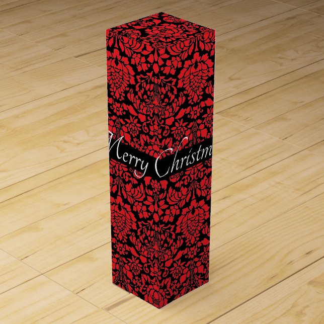 Christmas Brocade Dark Red with Text Band Wine Box (Front)