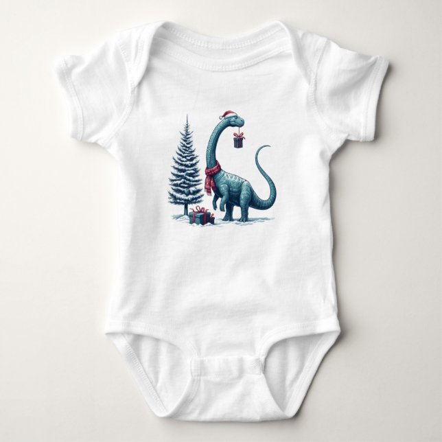 Christmas Brontosaurus dinosaur Baby Bodysuit (Front)