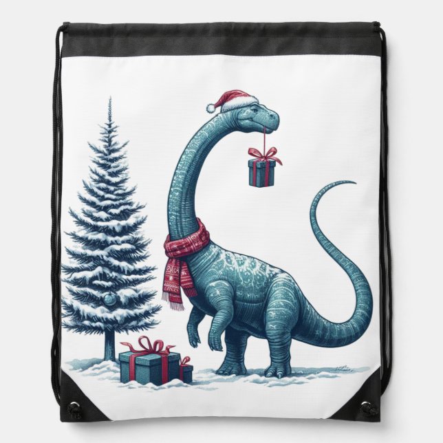 Christmas Brontosaurus dinosaur Drawstring Bag (Front)