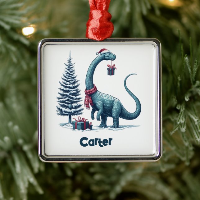 Christmas Brontosaurus dinosaur Metal Ornament (Tree)