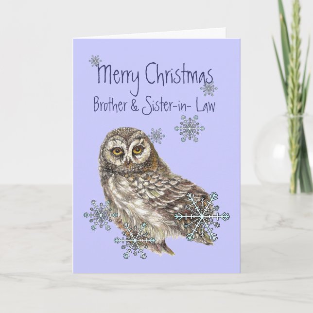 Christmas Brother, Sister in  Law Snow Owl Bird Holiday Card (Front)